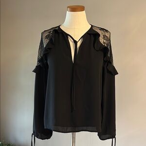 LULUS Elegant Black Lace Shoulder ruffed Women's blouse Top tie front neck Med